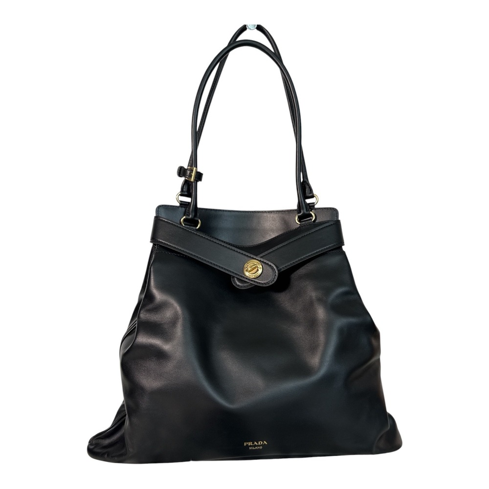 Prada Milano Black Leather Shoulder Bag Gold‑Tone Hardware Italy Authentic
